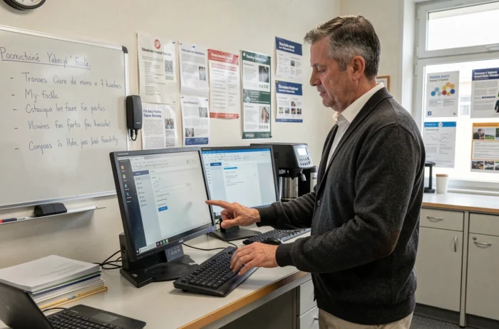 Professeur accédant à sa messagerie académique de Dijon depuis la salle des professeurs d'un établissement scolaire