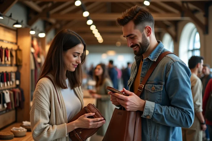 Deux amis découvrant des accessoires en cuir personnalisés sur un stand de marché pop-up intérieur