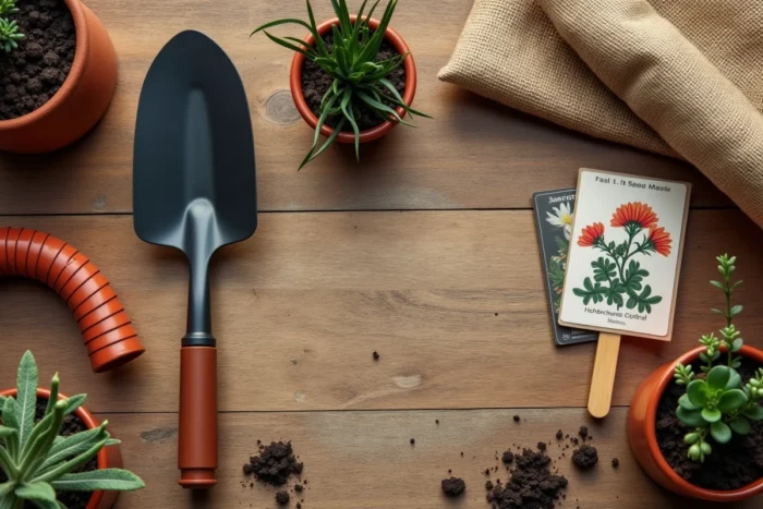Flat-lay d'outils et accessoires de jardinage tendance disposés sur une surface en bois naturel vieilli