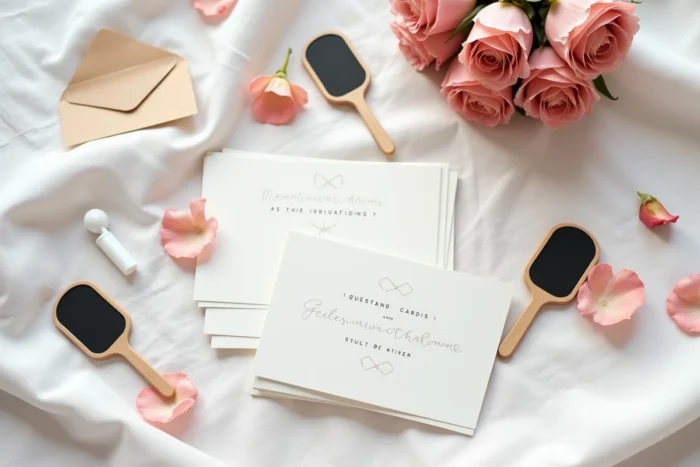 Flat lay de cartes et accessoires du jeu Monsieur Madame pour mariage sur nappe en lin blanc