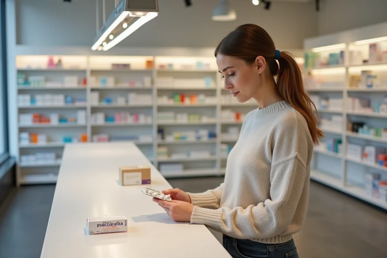 Femme achetant du paracétamol dans une pharmacie norvégienne moderne aux étagères blanches