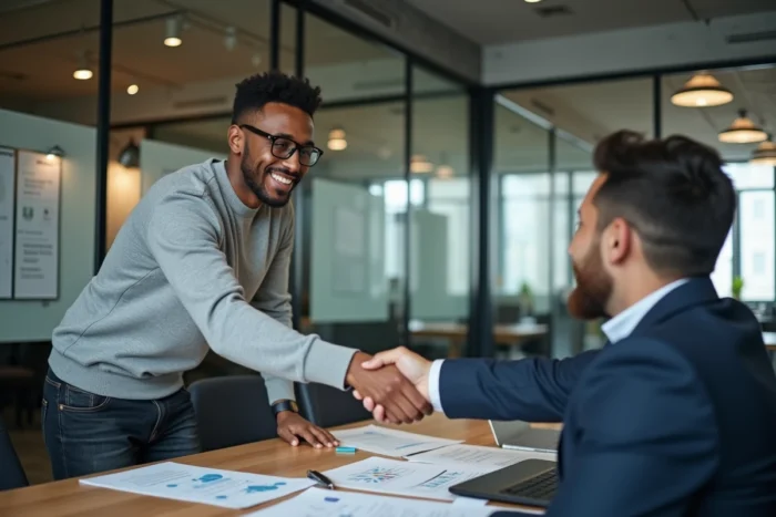 Candidat en alternance signant un partenariat de formation avec un responsable RH pour une licence professionnelle reconnue RNCP