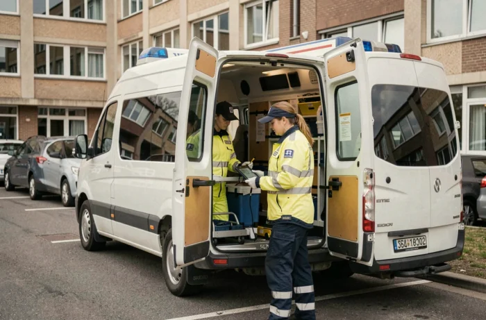 Ambulancière vérifiant le matériel médical à l'arrière d'une ambulance dans un parking d'hôpital belge