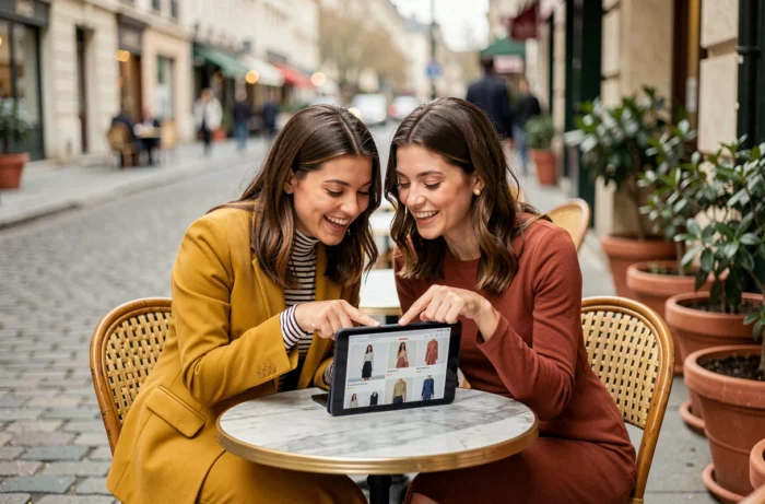 Deux amies comparant des tendances mode en ligne sur une tablette attablées dans un café parisien en terrasse