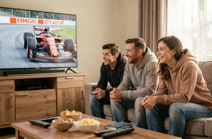 Groupe d'amis regardant une course de Formule 1 à la télévision dans un salon confortable un soir de week-end
