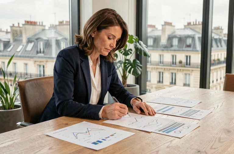 Professionnelle analysant des tendances du marché immobilier français dans un bureau parisien moderne