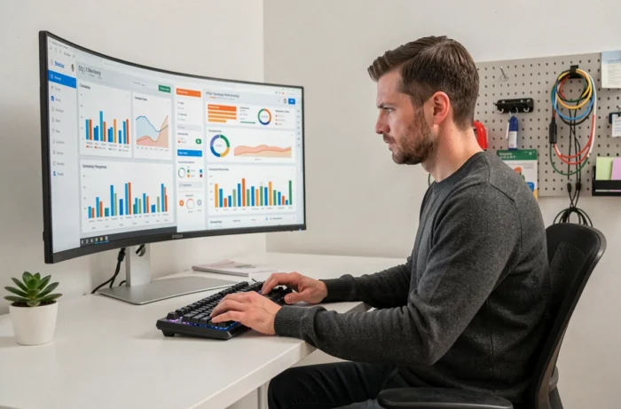 Professionnel du marketing analysant les performances de campagne sur un tableau de bord analytique affiché sur un grand écran courbe dans un bureau à domicile.