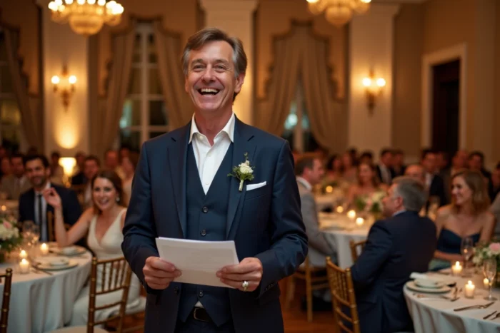 Animateur de mariage tenant une carte de question Monsieur Madame devant les invités dans une salle de réception élégante