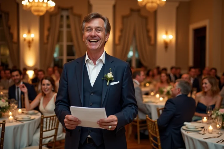 Animateur de mariage tenant une carte de question Monsieur Madame devant les invités dans une salle de réception élégante