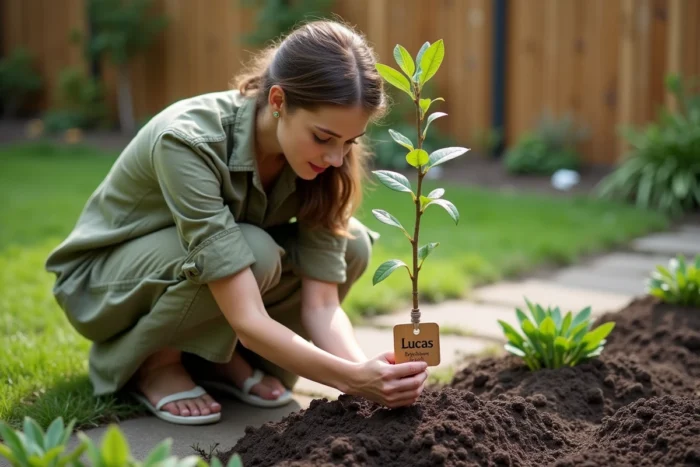 Femme plantant un jeune arbre dans un jardin avec une étiquette en bois portant le prénom Lucas et l'année du baptême