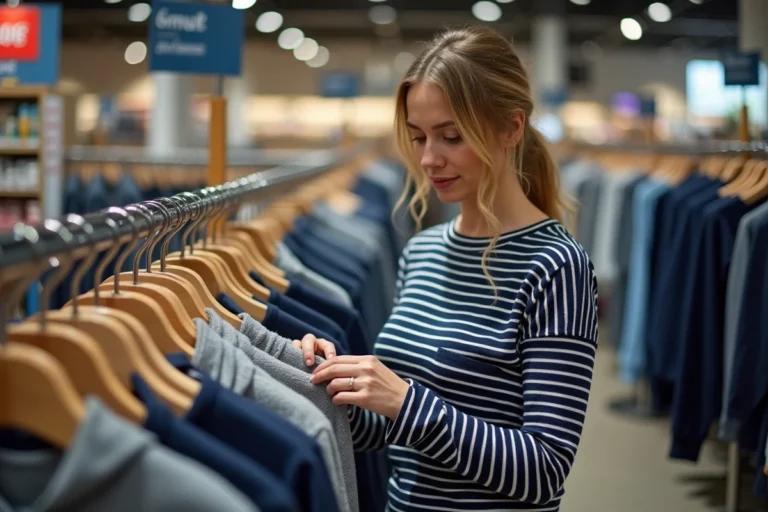 Femme examinant un pull Armor Lux rayé dans le rayon vêtements d'un supermarché Intermarché