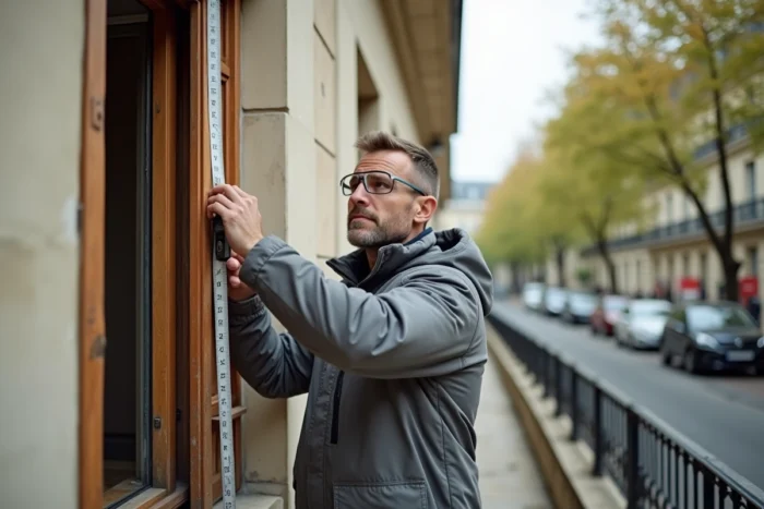 Artisan mesurant une fenêtre ancienne sur façade haussmannienne dans le cadre d'un remplacement soumis à déclaration préalable