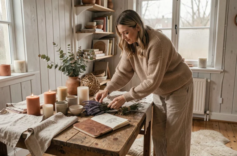 Atelier décoration hygge à la maison avec table en bois, tissus en lin, bougies en cire naturelle et plantes séchées dans un salon scandinave chaleureux