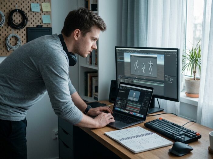 Jeune homme suivant une formation en ligne en animation 3D depuis son bureau à domicile sans passer par Parcoursup