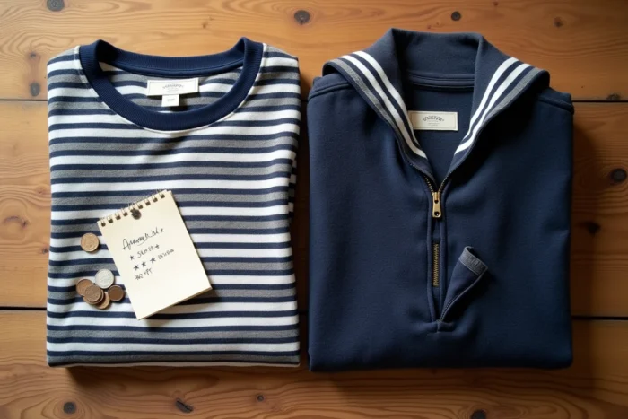 Vue de dessus de vêtements Armor Lux pliés avec une note de satisfaction consommateur sur une table en bois