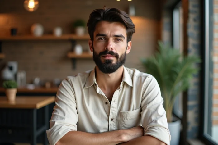 Homme mature avec une barbe collier dense et soignée dans un café minimaliste