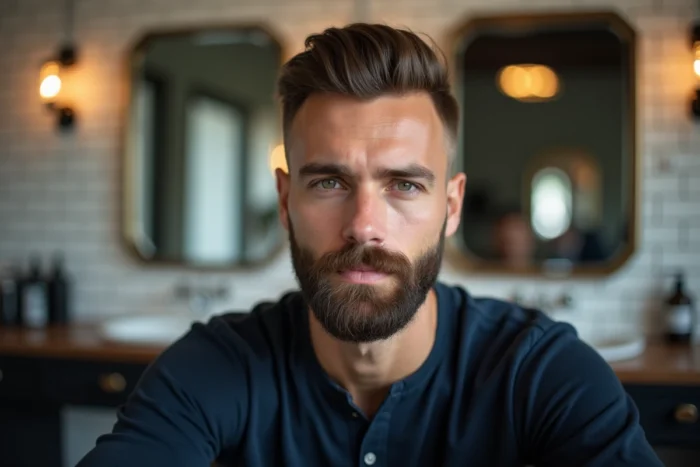 Homme de 32 ans avec une barbe collier bien définie dans un salon de coiffure moderne