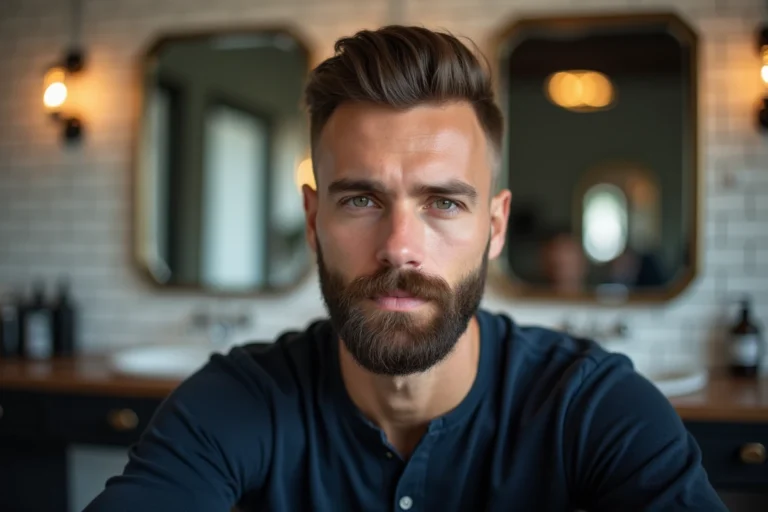 Homme de 32 ans avec une barbe collier bien définie dans un salon de coiffure moderne