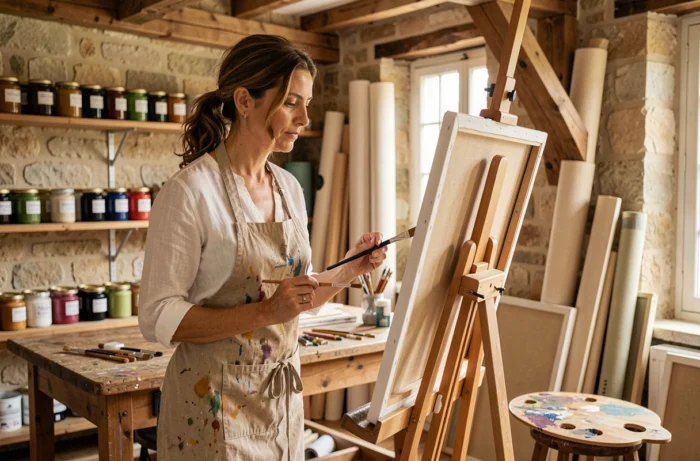 Béatrice Vonderweidt artiste peintre dans son atelier parisien devant une grande toile sur chevalet