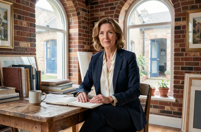 Portrait de Béatrice Vonderweidt assise dans son studio entourée de livres d'art et de croquis