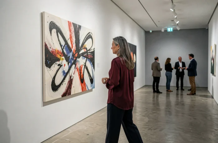 Béatrice Vonderweidt lors d'un vernissage contemplant une de ses œuvres abstraites dans une galerie contemporaine