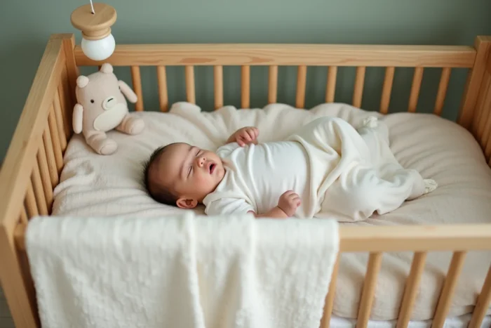 Bébé paisible endormi dans son berceau en bois avec un gigoteuse blanche dans une chambre douce et apaisante
