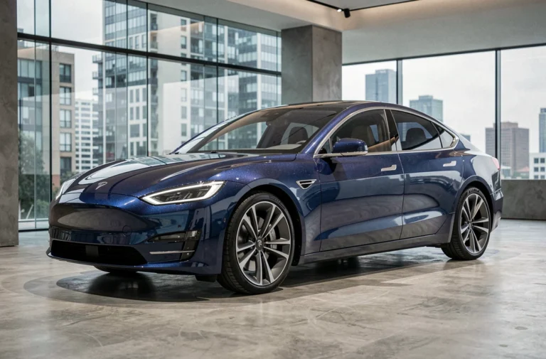 Berline électrique moderne exposée dans un showroom automobile minimaliste, reflet urbain sur les parois en verre
