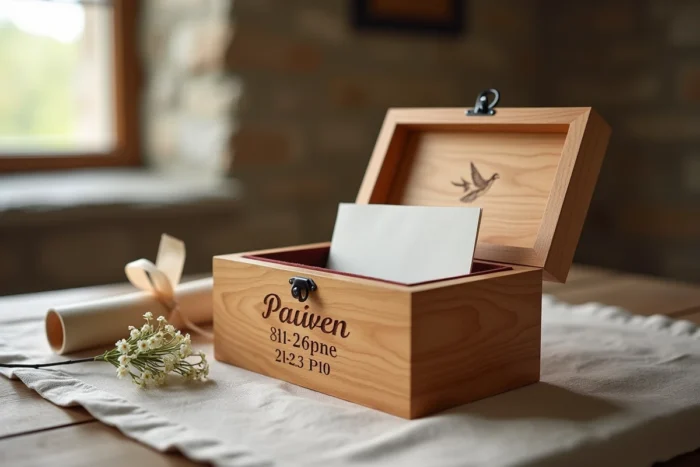 Boîte à souvenirs en bois gravée avec un nom de famille et une date de baptême, légèrement ouverte pour révéler un intérieur en velours avec une lettre pliée