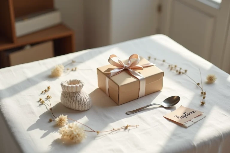 Arrangement de cadeaux de baptême soigneusement disposés sur une nappe en lin blanc avec un ruban en satin, une petite cuillère en argent et une carte manuscrite
