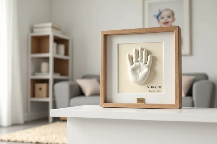 Cadre photo en bois sur une étagère présentant une photo de famille et un moulage d'empreinte de main de bébé avec le prénom Noah gravé sur une plaque en laiton