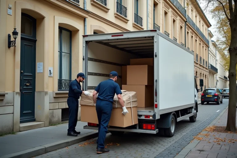 Camion 10 m3 en cours de chargement devant un immeuble résidentiel avec deux déménageurs chargeant des cartons et des meubles