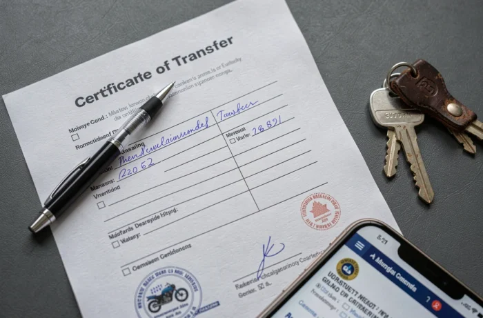 Vue aérienne d'un certificat de cession de moto rempli posé sur un bureau avec un stylo et des clés de moto