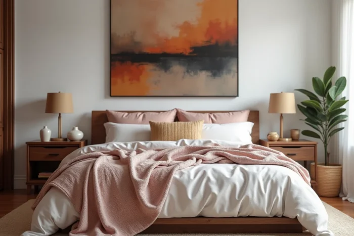 Chambre cosy et tendance avec literie en lin superposée, couverture en laine épaisse, tableau abstrait ocre et plante tropicale en pot en rotin