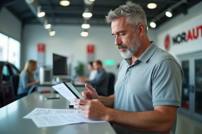 Homme consultant les documents de changement d'adresse carte grise dans un centre automobile Norauto