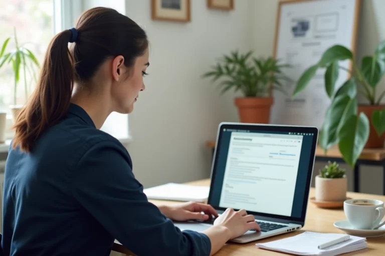 Femme effectuant un changement d'adresse carte grise en ligne sur un ordinateur portable depuis son bureau à domicile