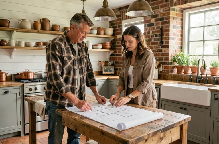 Couple de rénovateurs dans une cuisine de ferme rénovée examinant des plans architecturaux sur un îlot en bois brut