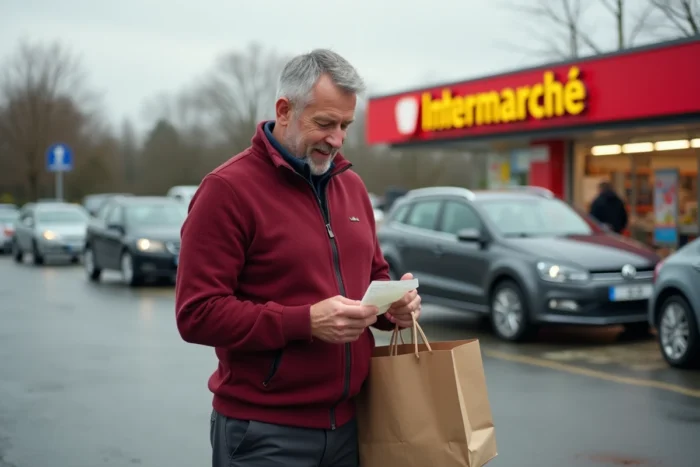 Client satisfait portant une veste Armor Lux devant un supermarché Intermarché avec son ticket de caisse