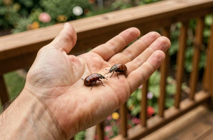 Deux coccinelles asiatiques marchant sur la paume d'une main humaine, symbolisme spirituel et connexion avec la nature