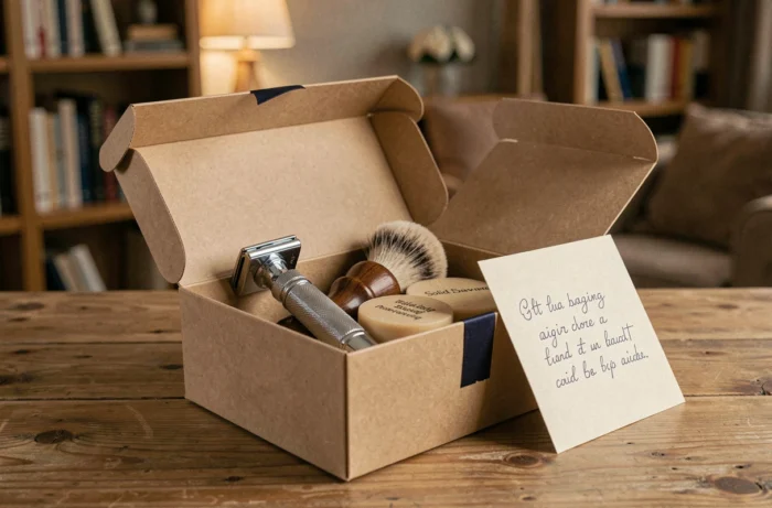 Coffret cadeau rasage personnalisé pour homme emballé avec ruban marine et carte manuscrite sur table en bois