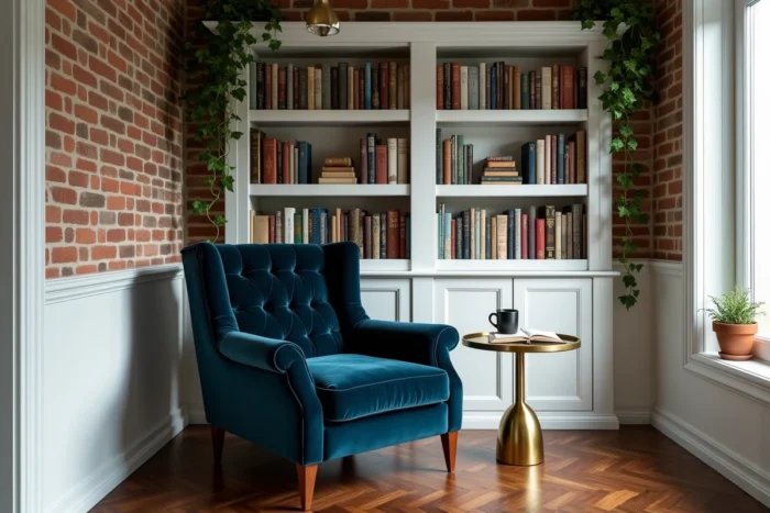 Coin lecture cosy avec fauteuil en velours bleu marine, bibliothèque encastrée remplie de livres et table d'appoint en laiton dans un intérieur chaleureux