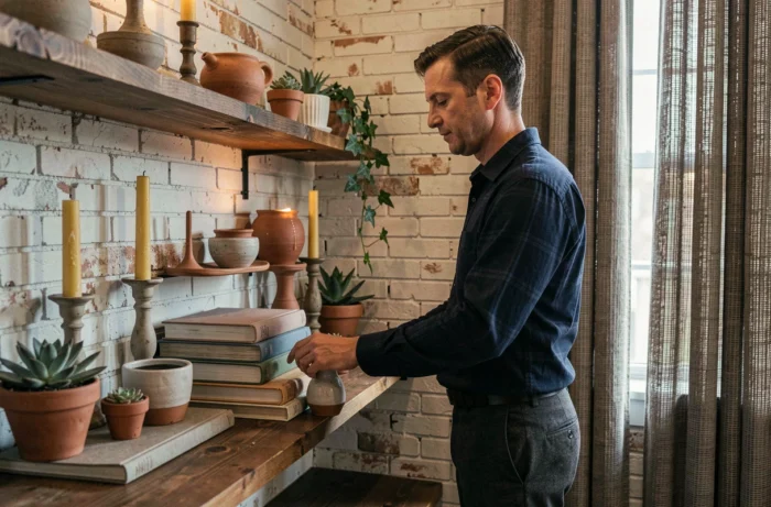 Homme aménageant une étagère de décoration hygge dans un coin lecture avec poteries en argile, bougies en cire d'abeille et plantes vertes dans un intérieur chaleureux