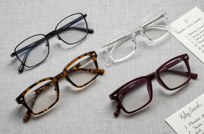 Comparaison de quatre montures de lunettes rectangulaires différentes posées sur un tissu gris pour aider au choix