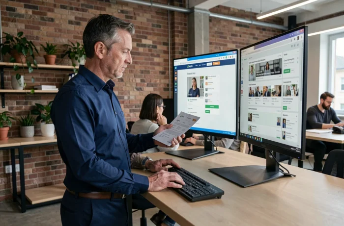 Homme comparant une plateforme spécialisée et un site généraliste pour sa recherche d'emploi dans un espace de coworking