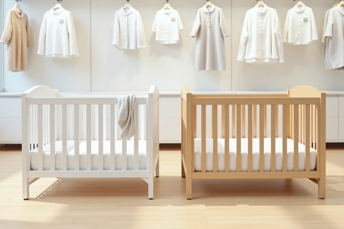Comparaison de deux tailles de lits bébé côte à côte dans un magasin de puériculture