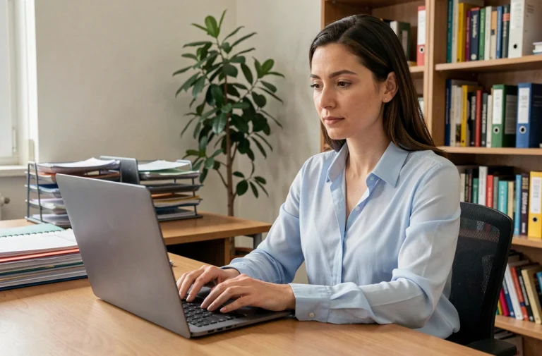 Enseignante connectée au webmail académique de Dijon sur un ordinateur portable dans un bureau administratif scolaire