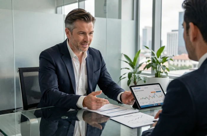 Conseiller financier présentant un plan de financement immobilier à un client dans une agence professionnelle