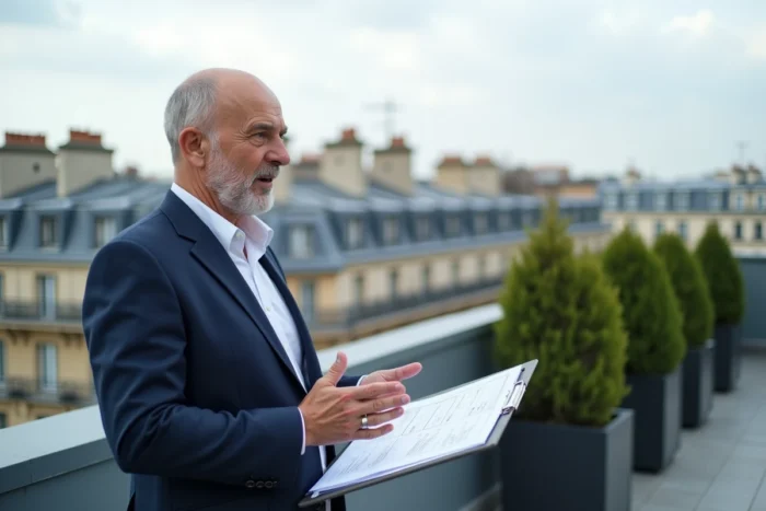 Conseiller immobilier sur une terrasse parisienne tenant des plans pour l'estimation fiscale d'une terrasse en toiture