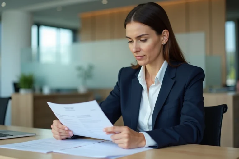 Conseillère financière BPCE Financement en agence bancaire moderne analysant des documents de crédit