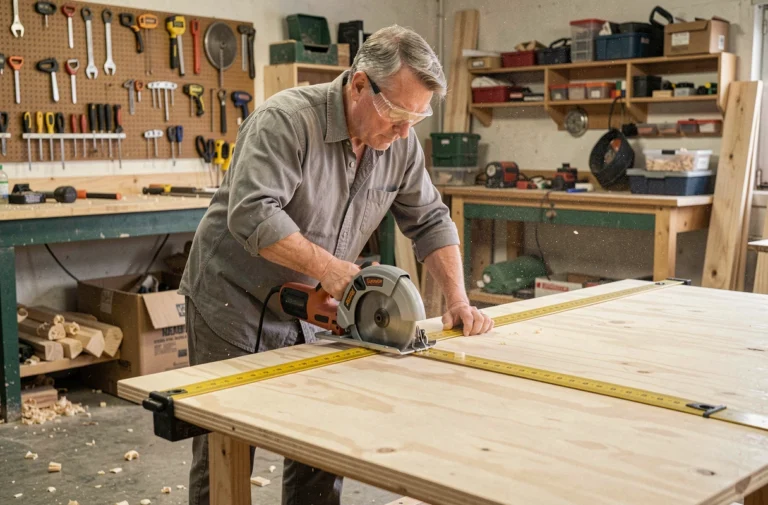 Menuisier utilisant une scie circulaire avec un guide rectiligne pour réaliser une coupe droite sur un panneau de contreplaqué en atelier