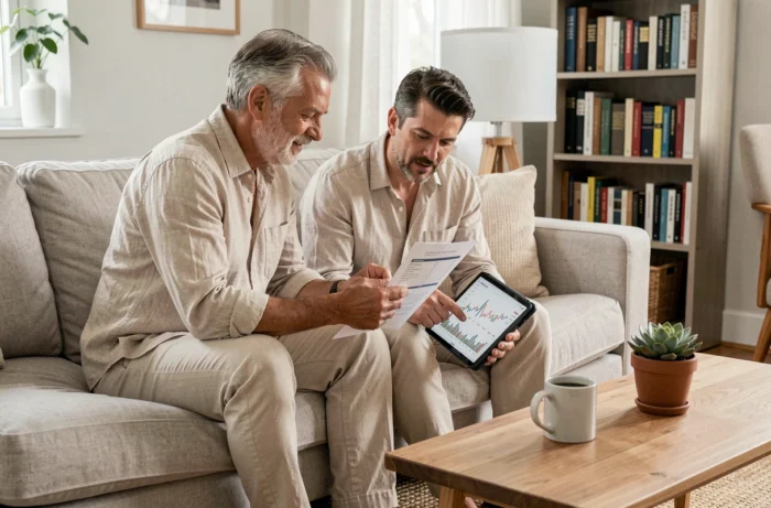 Couple discutant d'un plan budgétaire et d'un portefeuille d'investissement sur une tablette dans un salon confortable